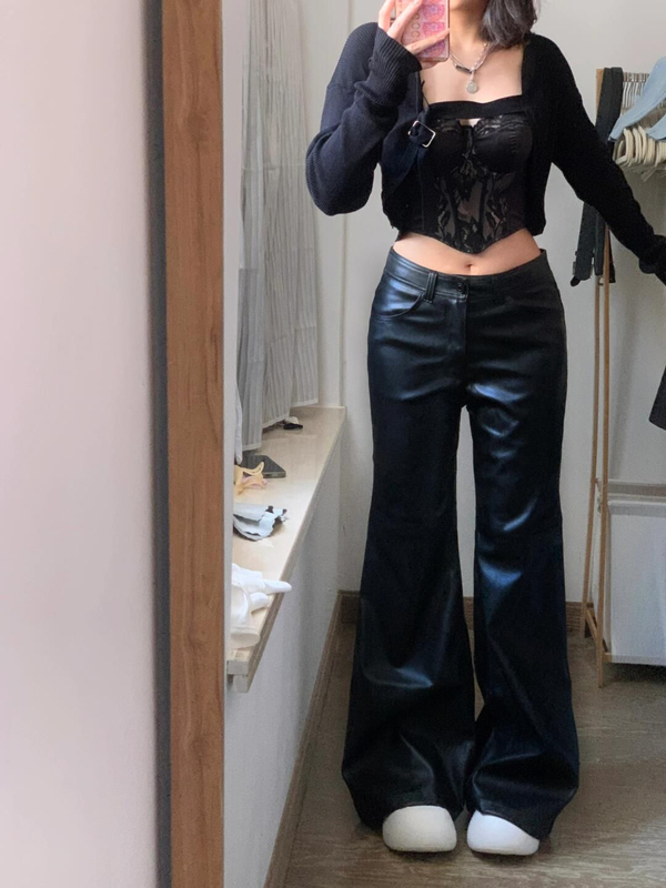 Retro Black Low-Waisted Leather Pants, Wide-Leg Pants for Women, Plus Size, Pear-Shaped Body, European and American Style Pu Leather Bootcut Pants