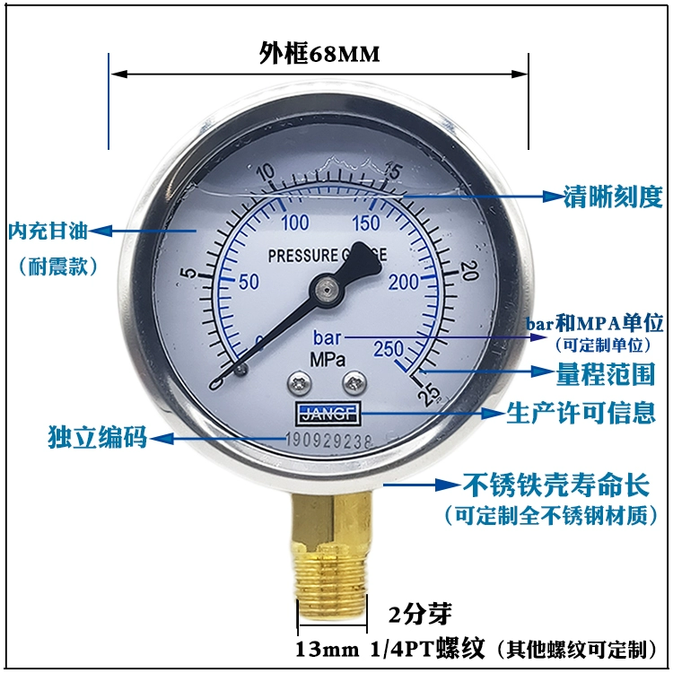 Đồng hồ đo áp suất địa chấn bằng thép không gỉ YN60 máy lọc nước địa chấn đồng hồ đo áp suất nước 1.6MPA áp suất không khí áp suất dầu thủy lực đo 1/4