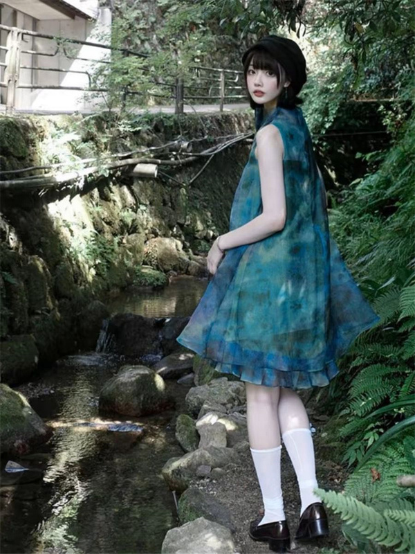 Summer New Tie-Dye Heavy-Duty Design Organza Dark Green Tank Dress Slimming Petite Age-Reducing Dress Summer New Tie-Dye Heavy-Duty Design Organza Dark Green Tank Dress Slimming Petite Age-Reducing Dress