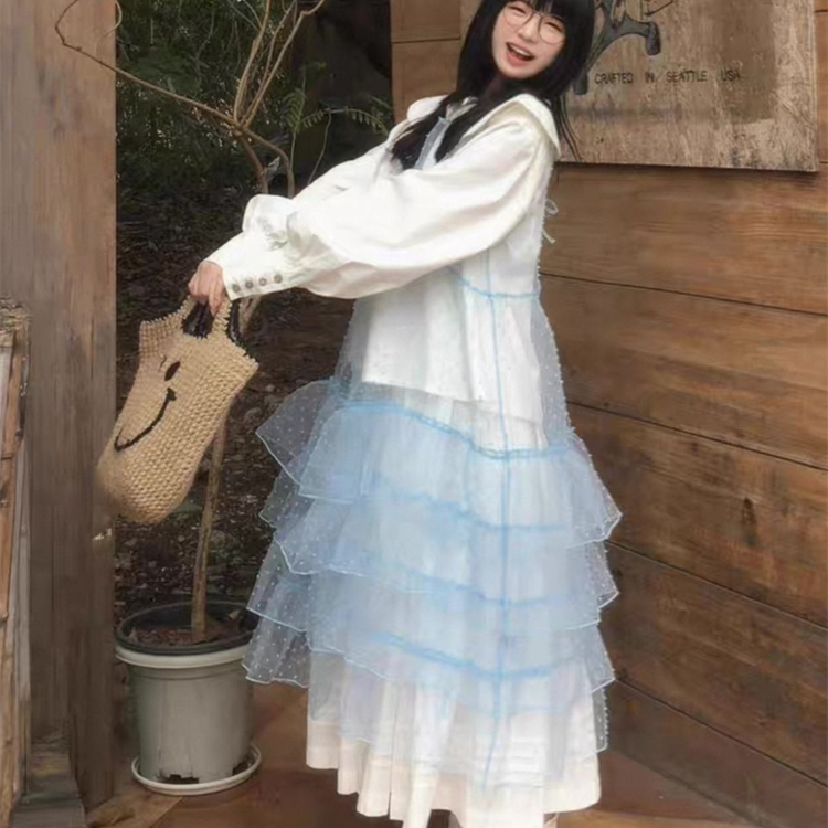 Japanese-Style Blue Organza Overlay Dress Dopamine Outfit Layered Design Organza Dress Forest-Style Polka Dot Dress
