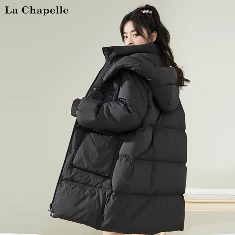 La Chapelle's official flagship 2022 winter new black hooded down jacket women's mid-length loose warm jacket