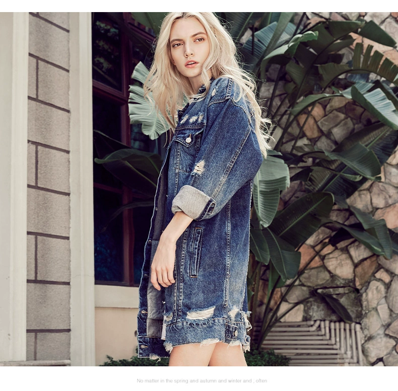 Áo xuân hè 2019 và áo khoác mới có lỗ denim nữ dài phần ống rộng phổ biến áo gió bf phiên bản Hàn Quốc của phụ nữ siêu lửa - Trench Coat