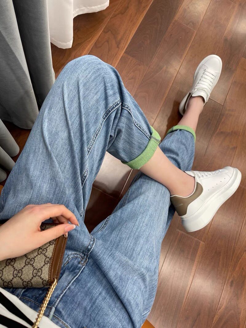 Treasure God Pants Fruit Green Contrast Color Rolled High Waist Jeans Women's 2022 New Loose and Thin Harlan Daddy Pants