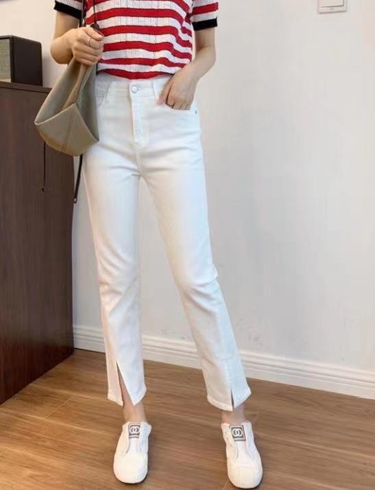 Strength factory shipping version like high-waisted straight tube thin slit nine-point jeans women's summer thin