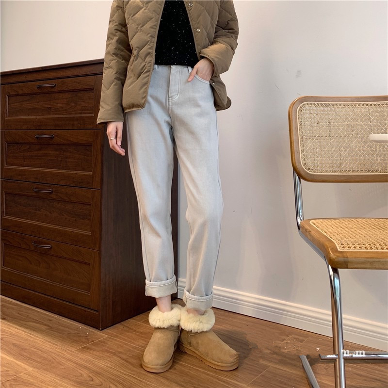 Winter worth praise good version enzyme washed denim cotton plus velvet casual daddy harem jeans 2021