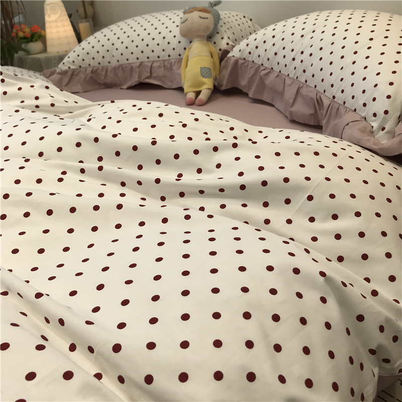 Wave Point Four Pieces All Cotton Pure Cotton Minimalist Girl Hearts Han Style Lotus Leaf Side Pillowcase Bedding 1 5m1 8 m