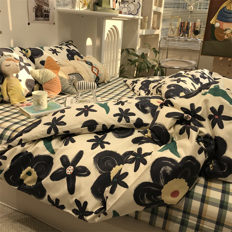 ins black fields garden wind small crummy bed four sets of full cotton pure cotton art 1 5m quilt cover sheet three sets-Taobao