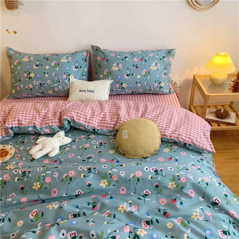 Nhỏ tươi phong cách Hàn Quốc nhỏ hoa mục vụ tính khí bốn mảnh phù hợp với bông cotton 1,5m1,8 mét màu xanh - Bộ đồ giường bốn mảnh