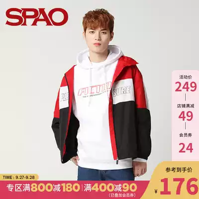 SPAO autumn men hooded zippered jacket lettered print coat colorblock top men's SPJJ922H02