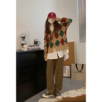 viiwen Caramel V - collar diamond sweater with loose lazy knitting long sleeve coat