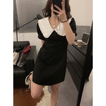 viiwen French Little Hepburn White Tie Black Bubble Sleeve Dress Slim Small Black Dress