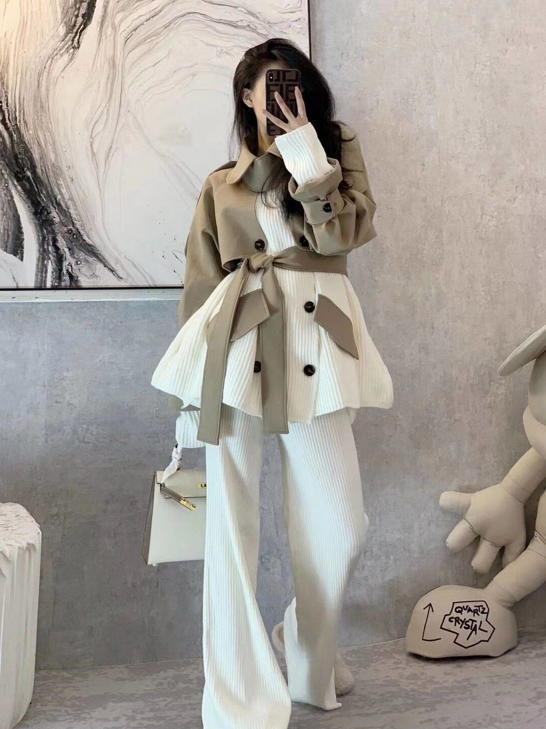 Design Sense Sweater Hooded exterior wearing splicing windcoat jacket Small fragrant wind Advanced sensation retro port Taste Foreign Pie