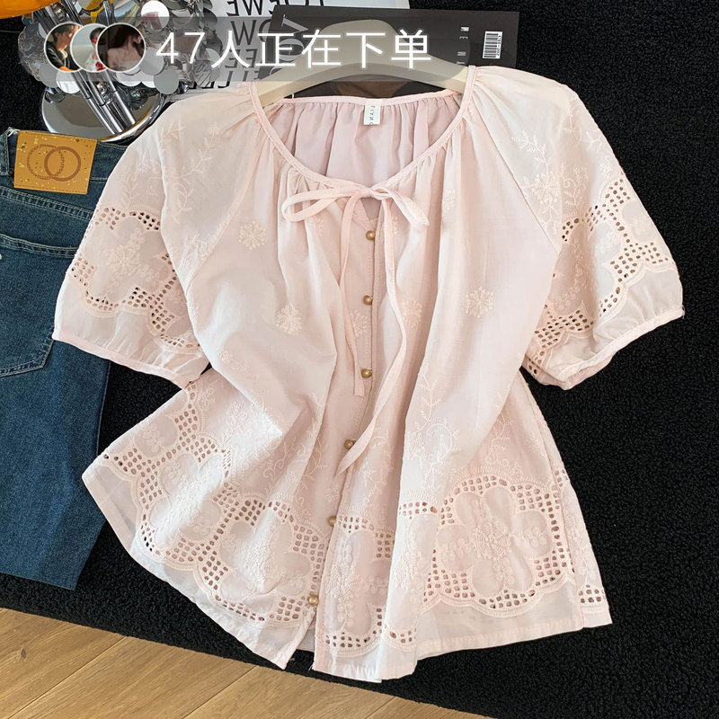High-End Cotton and Linen Women's Short-Sleeve Shirt with Hollow-Out Design, Breathable Top, New Summer Style, Heavy Embroidery, Loose Babydoll Shirt