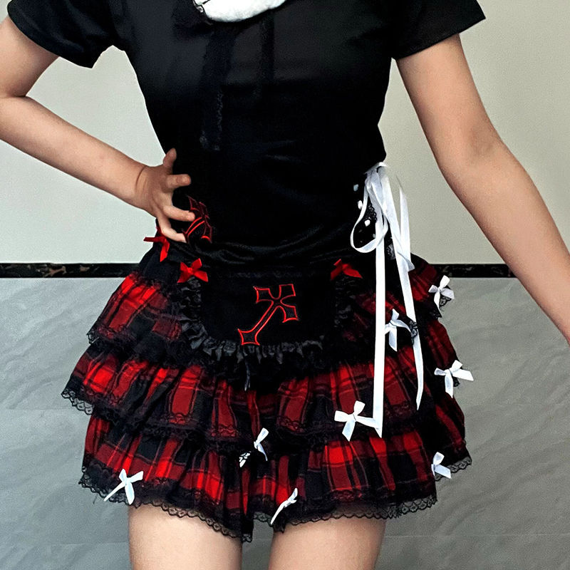 Dark Gothic Punk Y2K Sweet Cool Spicy Girl Black and Red Checkered Y2K Culture Lace Preppy Style Puffy Cake Skirt