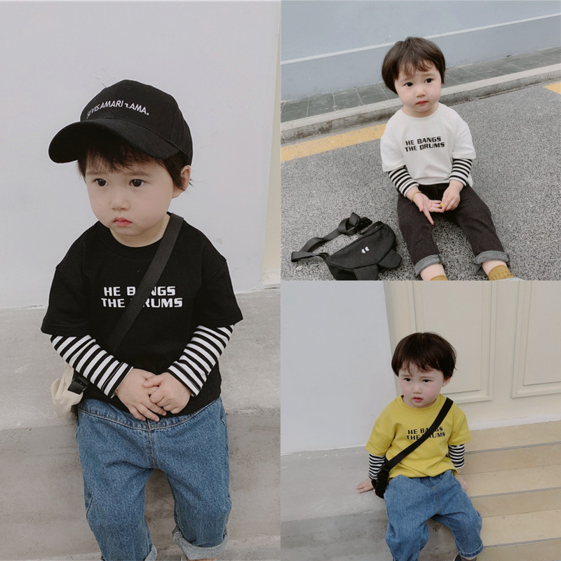 Cute baby boy dress handsome gas baby spring loaded child striped sleeves fake two T-shirt boy long sleeve inner lap coat blouse