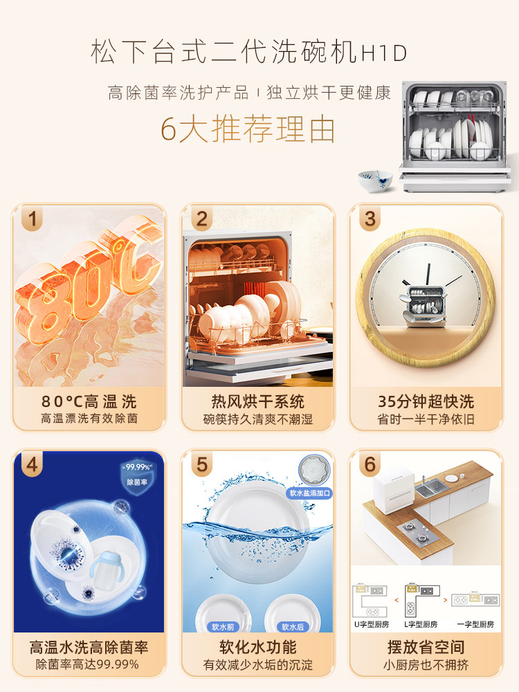 Panasonic Fully Automatic Household Countertop Dishwasher, No Installation Required, 5 Sets, Sterilization and Drying, Electric Dishwashing Machine