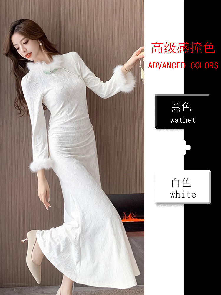 Qipao Winter Style New Chinese Style Chinese Style Chinese Style Dress Woman Superior temperature and soft temperament collection waist beating bottom fur knitted long skirt-Taobao