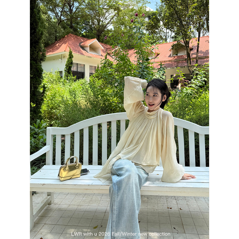 Lwr with U Moonlight Sonata 2.0 Lyocell French Ribbon Irregular Blouse Long Sleeve Top for Women Autumn