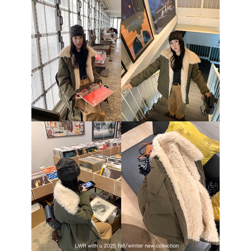 Lwr with U Nordic Style Korean Version Army Green Large Lapel Eco-Friendly Fur Parka Warm Loose Coat