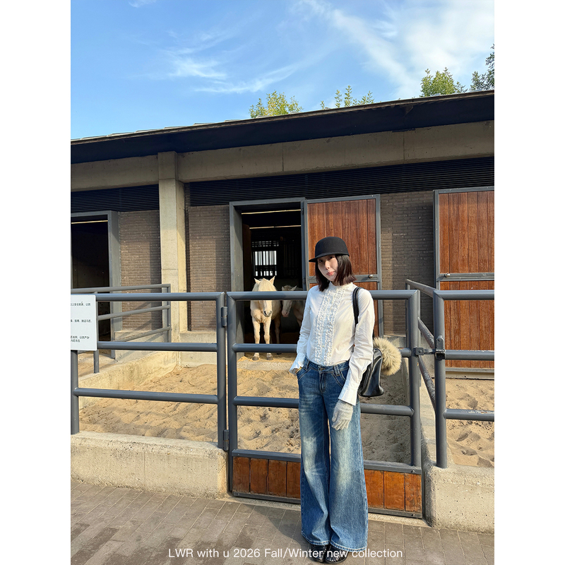 Lwr with U Blue Winter Vintage Dark Blue Low-Waist Straight-Leg Jeans Heavy Washed Wide-Leg Trousers