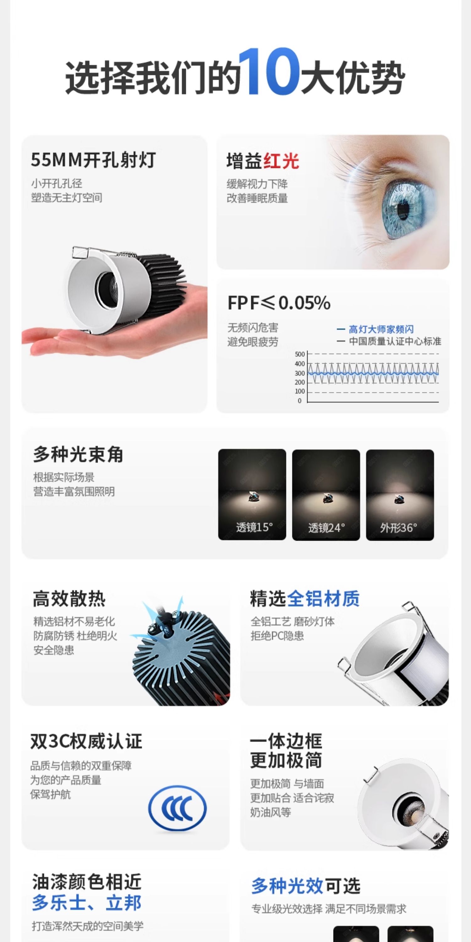 开孔55嵌入式防眩窄边框射灯护眼奶油风cob全光谱小山丘客厅极简 图文详情 5