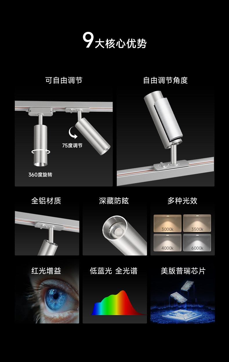 不锈钢轨道灯明装led射灯包豪斯中古防眩客厅背景墙小山丘导轨灯 图文详情 8