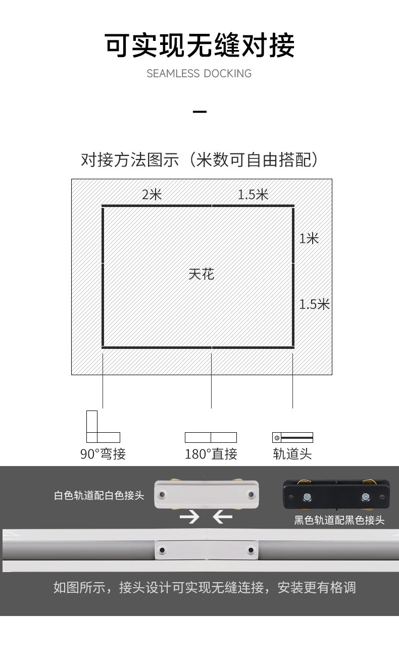 led轨道条射灯导轨黑色二线2连接头直角接北欧滑轨有全铜芯2米1.5 图文详情 17