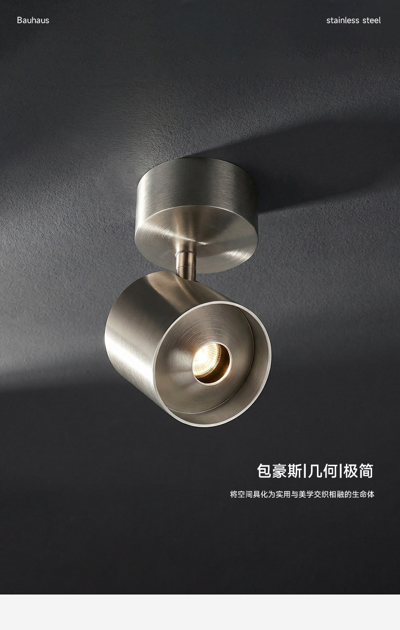中古包豪斯明装射灯不锈钢银色工业风可调节角度客厅免打孔吸顶灯 图文详情 1