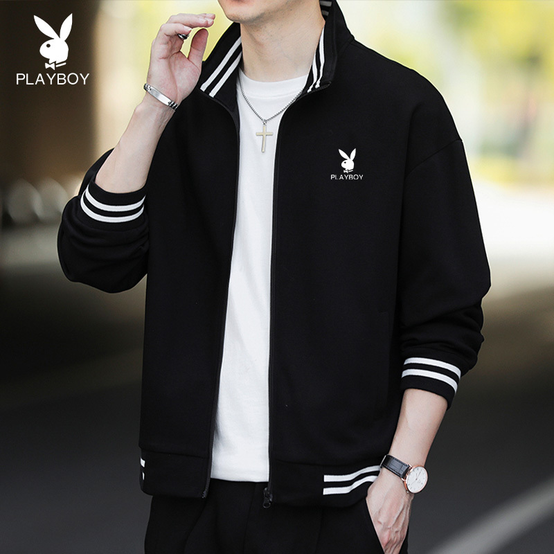 Playboy Cotton Sweatshirt Jacket for Men, Spring and Autumn Cardigan, Fashionable Young Stand-Up Collar Casual Sports Jacket for Men