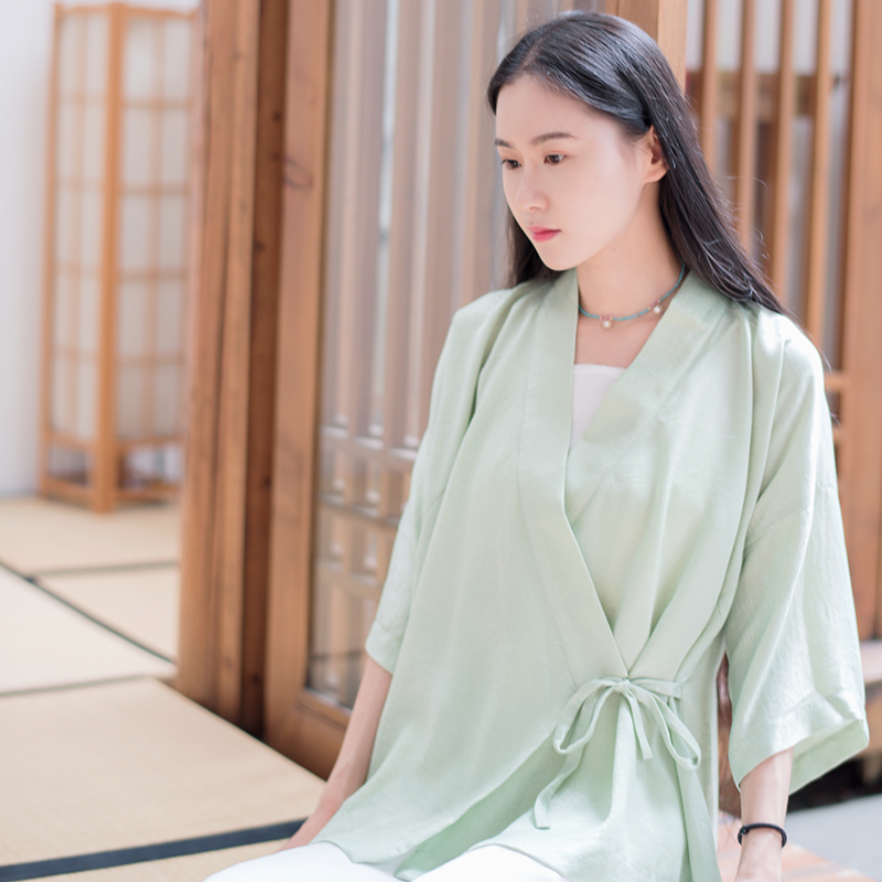 Xiao Gongzi gốc tưởng tượng Trung Quốc lụa satin loose-fitting cardigan cải thiện jacket trà váy SY97 chéo cổ áo của con người