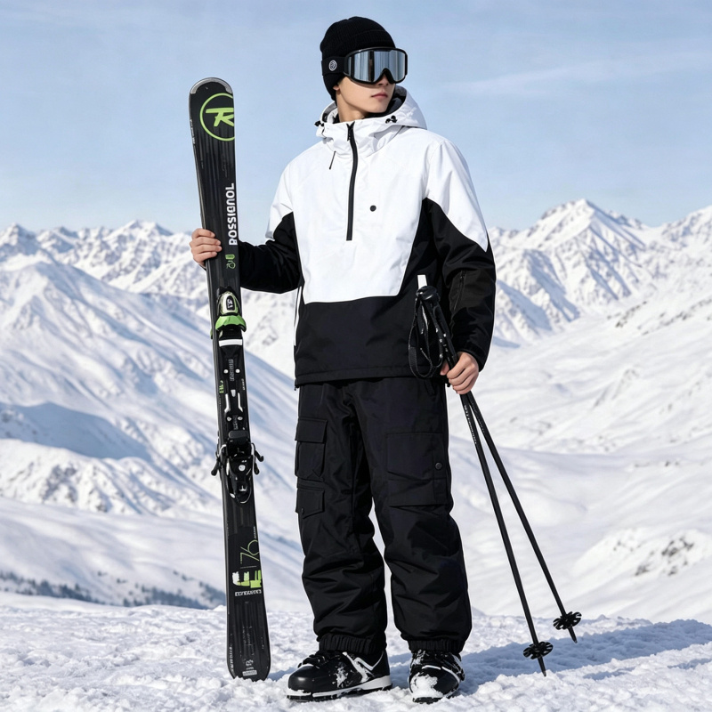 New Style Hoodie Ski Suit Set for Men and Women, Outdoor Windproof, Waterproof, Warm, Wear-Resistant, Slimming, with Suspenders and Cuffed Ski Pants