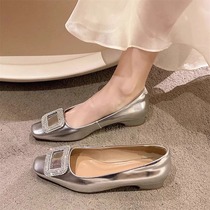 Hong Kong Silver High Heel Shoe Low Heel Spring Summer New Fashion Water Drill Shallow square with Temperament Genuine Leather Single Shoes