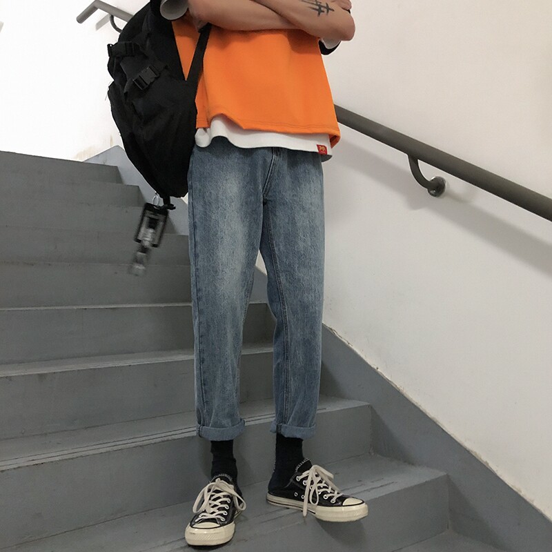 Jeans men's trendy brand spring and autumn slim pants loose straight pants men's ins ruffian handsome men's trousers trend autumn