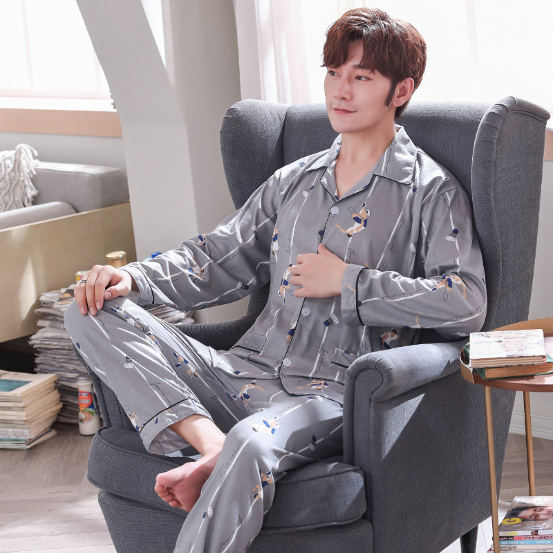 Mens đồ ngủ dài tay áo bông mùa xuân và mùa thu cardiganth mỏng trung niên bông mùa thu và mùa đông quần áo pajama mens nhà thiết.