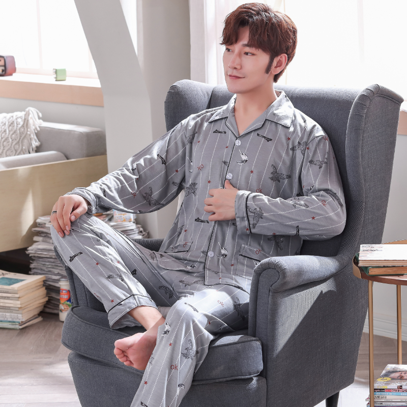 Mens đồ ngủ dài tay áo bông mùa xuân và mùa thu cardiganth mỏng trung niên bông mùa thu và mùa đông quần áo pajama mens nhà thiết.