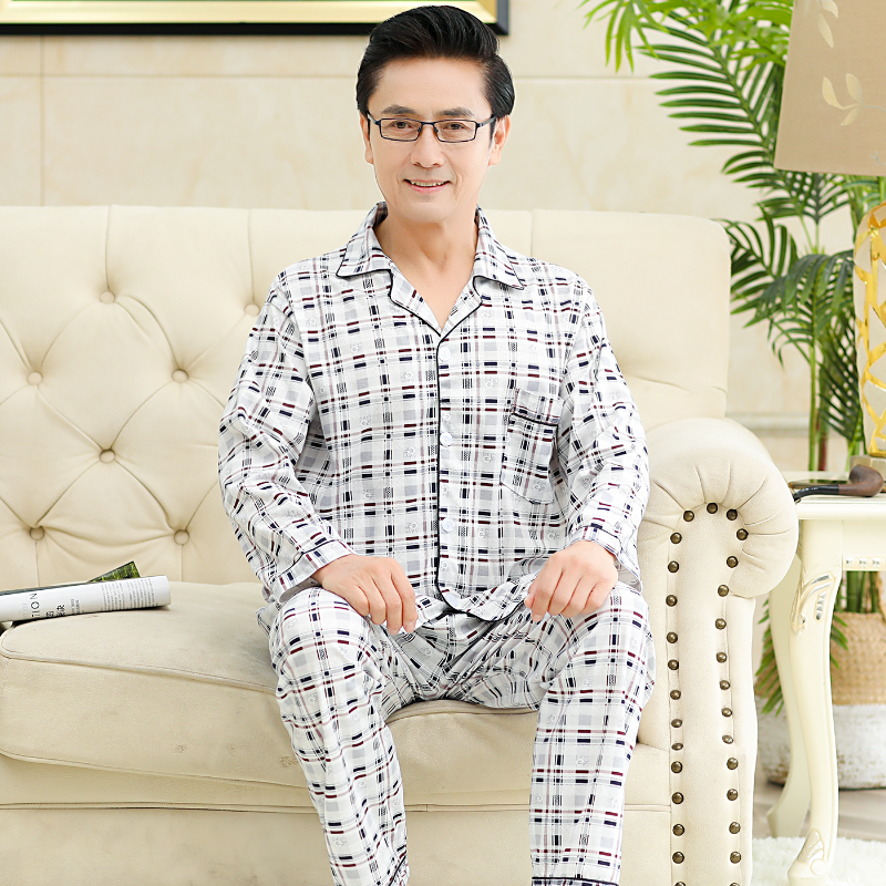 Mùa xuân và mùa thu mens trẻ bộ đồ ngủ dài tay bông trung niên mens pajamacard mens mùa hè quần áo nhà thiết.