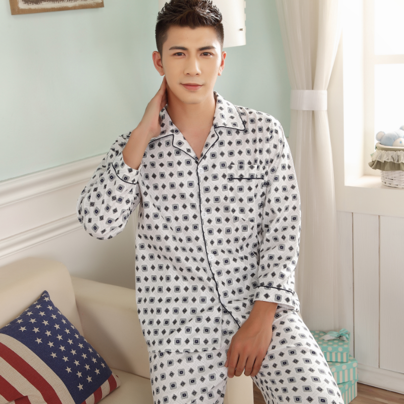 Mùa xuân và mùa thu mens trẻ bộ đồ ngủ dài tay bông trung niên mens pajamacard mens mùa hè quần áo nhà thiết.