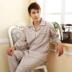 Mùa xuân và mùa thu cho nam Bộ đồ ngủ dài tay Cotton Bộ mùa thu Bộ đồ ngủ nam trung niên nam Bộ đồ kẻ sọc nam đồ pijama nam Nam giới