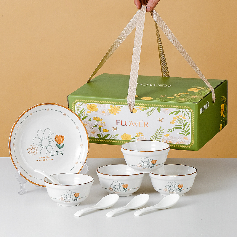 Fresh and Simple Floral Ceramic Bowl and Plate Set for Home Use, Minimalist Tableware Gift Box, High-Value Small Gifts for Company Events