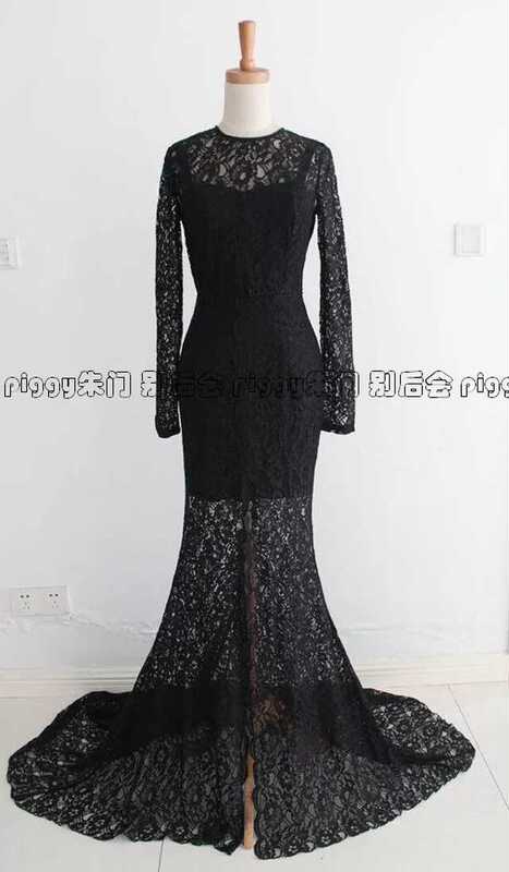 Guess, Black, Front Slit, Fishtail Style, Lace Gown Dress