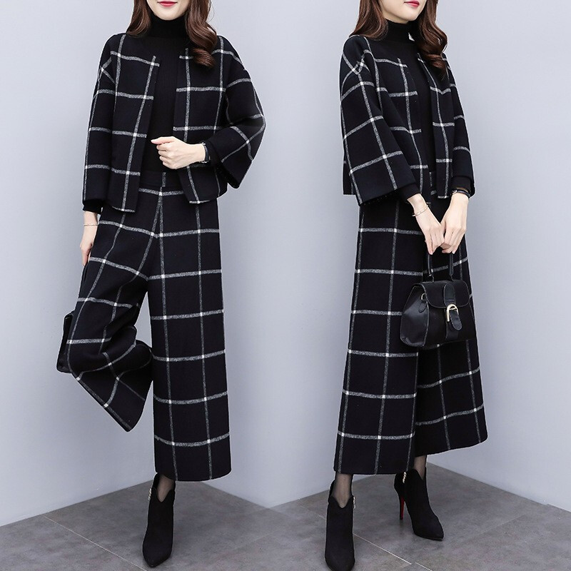 Plaid Woolen Short Jacket and Wide-Leg Pants Set for Women, 2025 Spring and Autumn New Casual Fashion Stylish Two-Piece Pants Set Trend