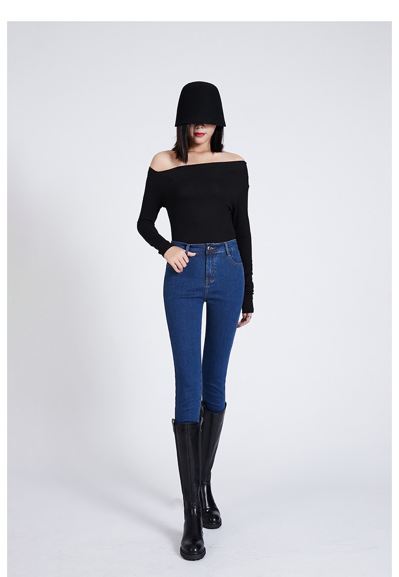 深蓝色牛仔裤女2022夏季新款韩版高腰显瘦修身九分裤弹力紧身长裤详情13