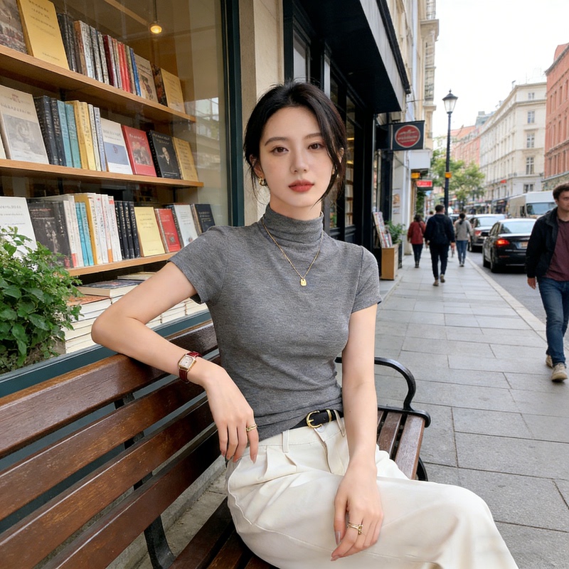 Half-High Collar Short-Sleeve T-Shirt for Women 2026 New Spring and Summer Slim Fit Versatile High-End Stylish Base Shirt Top
