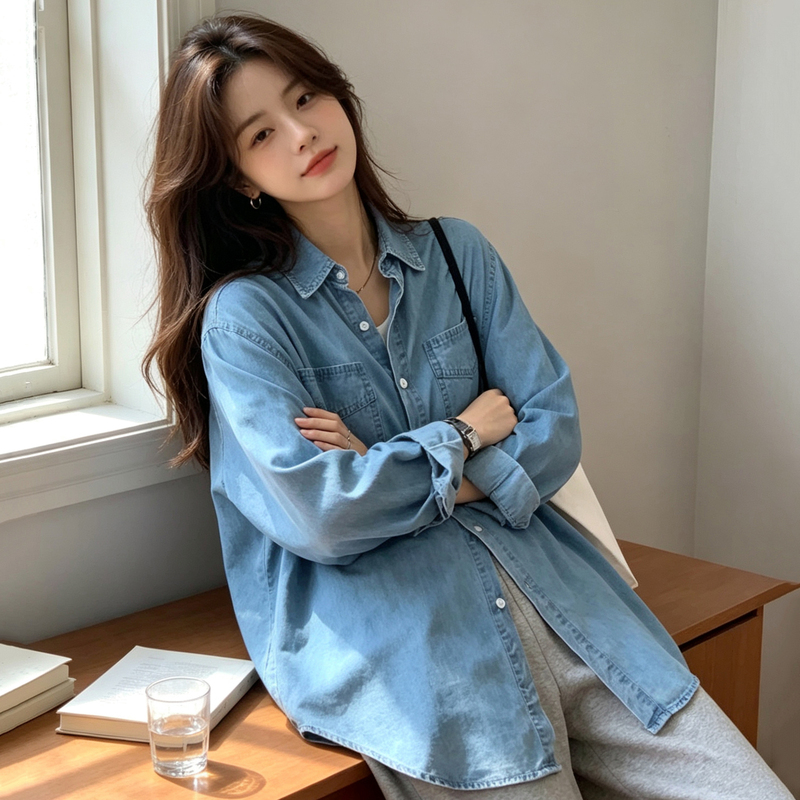 Zrckur Light Blue Artistic Hong Kong Style Soft Denim Outerwear Inner Layer Women's Spring and Autumn Loose Retro Long-Sleeved Shirt Thin Style Zrckur Light Blue Artistic Hong Kong Style Soft Denim Outerwear Inner Layer Women's Spring and Autumn Loose Retro Long-Sleeved Shirt Thin Style