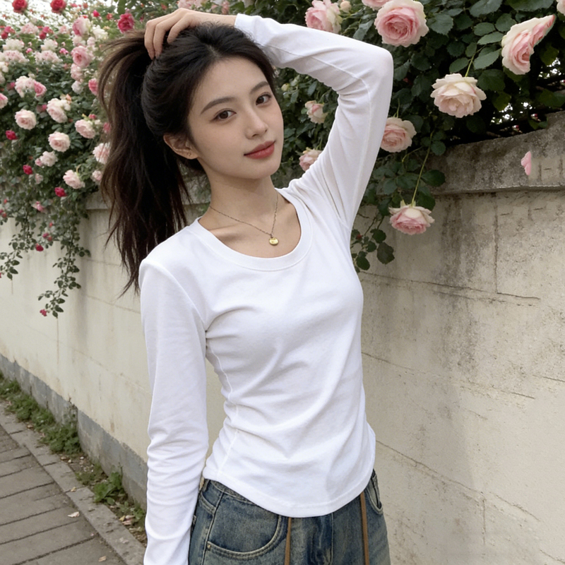 Versatile U-Neck Regular Shoulder Base Shirt for Women, 2025 New Style, Long-Sleeve Inner Top, Basic White T-Shirt for Women, Solid Color