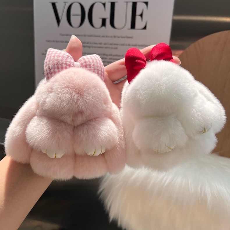 Real Rex Rabbit Fur Bowknot Cute Rabbit Car Keychain Pendant Adorable Plush Lop-Eared Rabbit Doll Bag Charm
