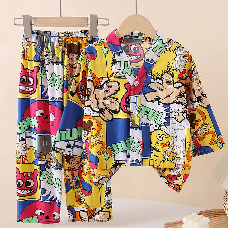 Summer Kidsren's Pajamas Nine-Quarter Sleeves Thin Section Boys and Girls Baby Lyocell Cotton Cardigan Home Clothes Cartoon Suit