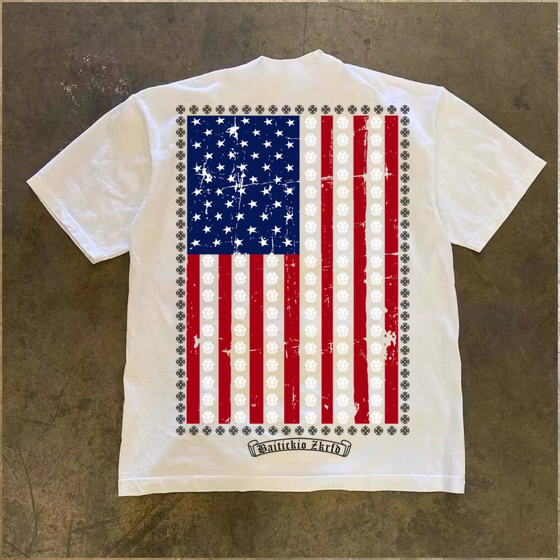 Dazhuanshun Studio 300g Pure Cotton American Flag All-Over Print Short-Sleeve T-Shirt for Men and Women, Loose-Fitting Top for Summer