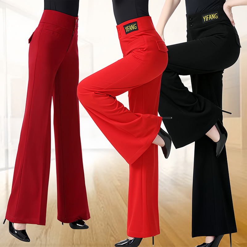 Ballroom Dance Pocket Pants for Women, High-Waisted, Slightly Flared Dance Pants, Standard Dance Elastic Modern Dance Straight-Leg Dance Pants