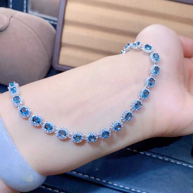 New Natural Blue Topaz Bracelet with Crystal, Fully Fire-Colored and Sparkling, 925 Silver Plated with 18K Gold Inlay, Supports Testing
